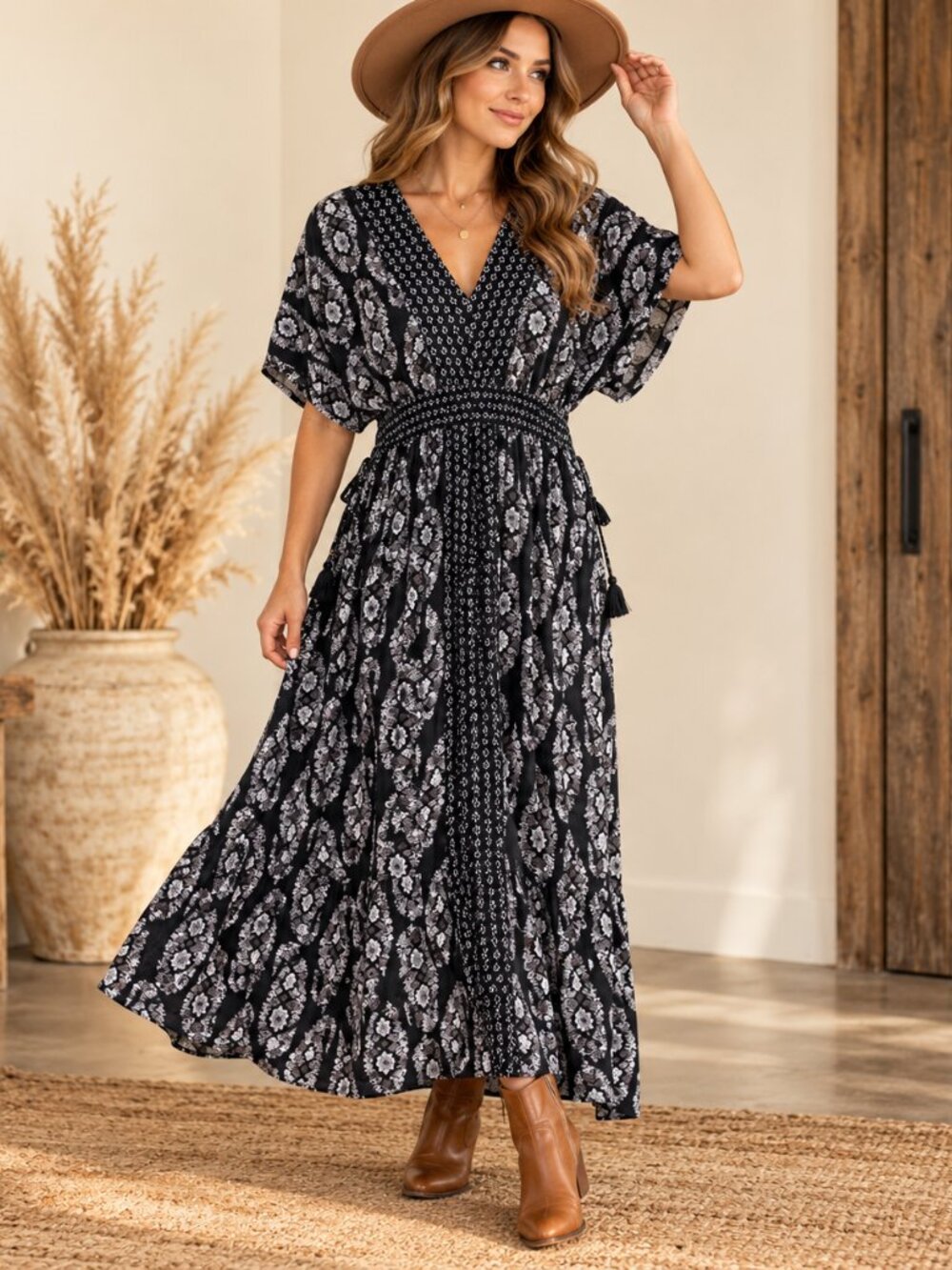 Knox Rose M Black White Boho Paisley Maxi Dress Smocked Waist Tassel